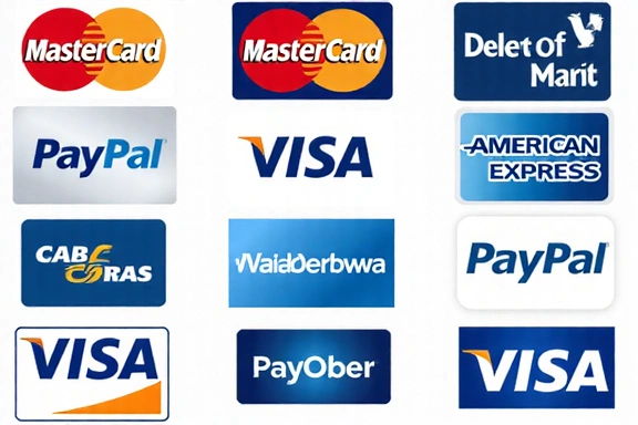Διάφορες κάρτες πληρωμής και λογότυπα PayPal